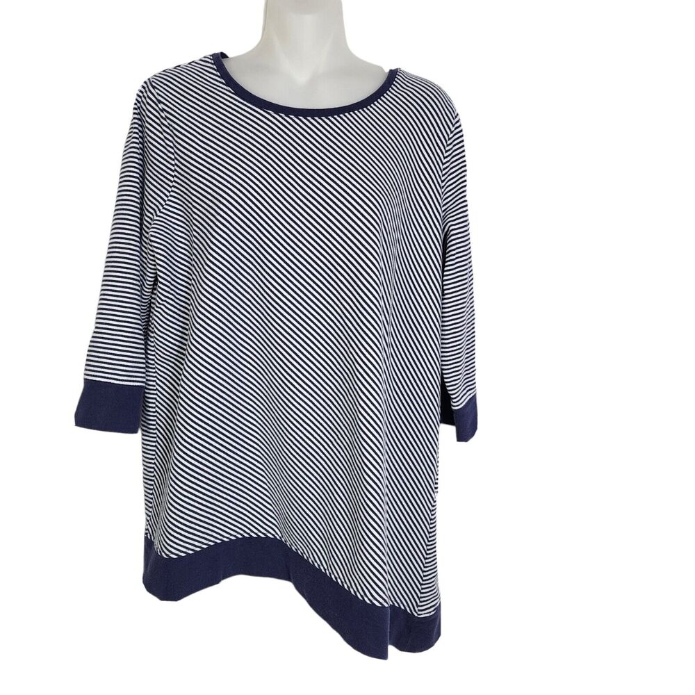 Weekends by Chico's Womens Sweater Size 2 Large Striped Blue Asymmetrical Hem